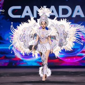 Dazzling White and Silver Costume with Feathers